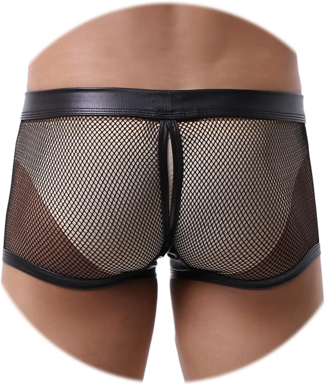 Evankin Men's See Through Sexy Mesh With Faux Leather Loose Shorts Pants Erotic Clubwear Button Removable Pouch