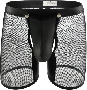 Evankin Men's See Through Sexy Mesh With Faux Leather Loose Shorts Pants Erotic Clubwear Button Removable Pouch