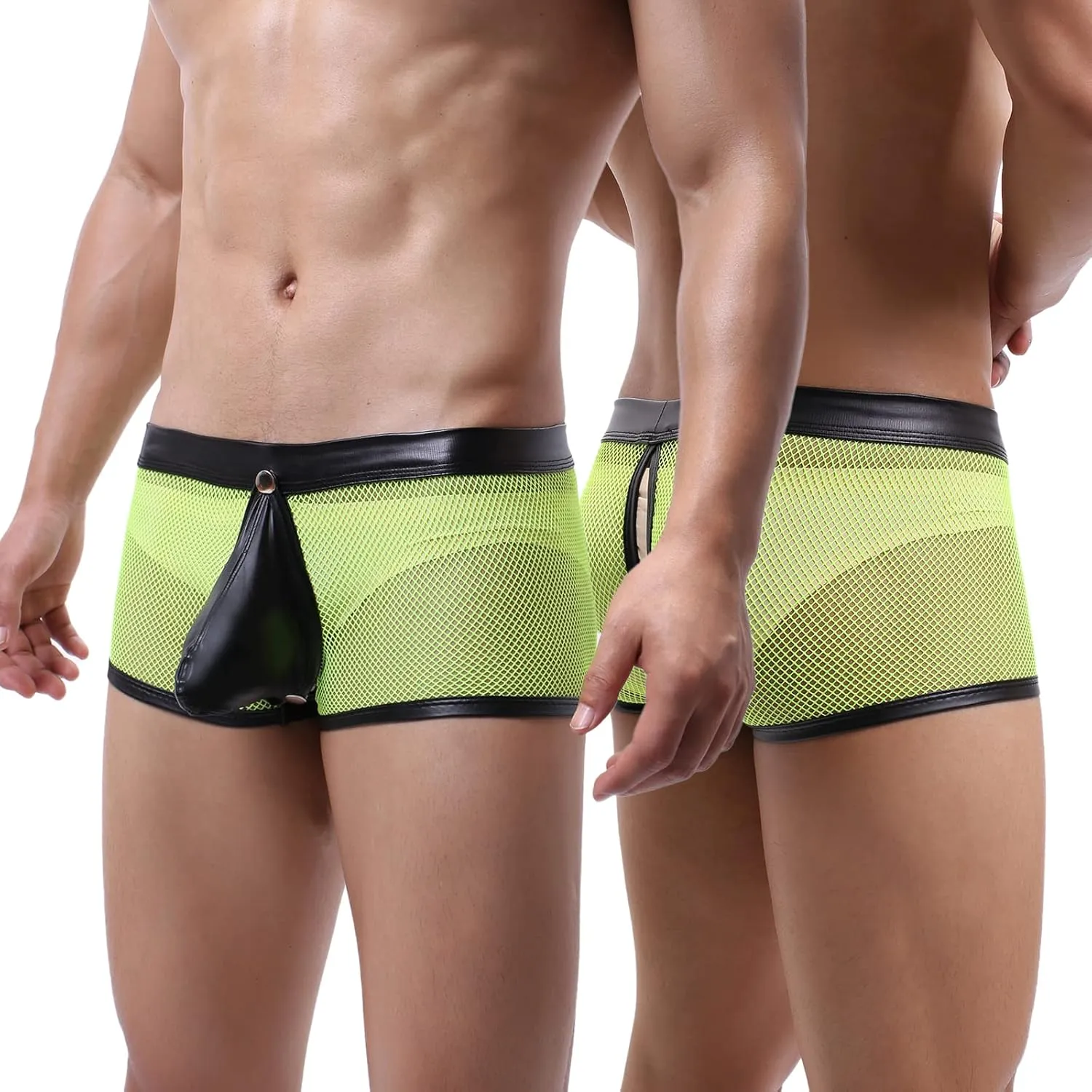 Evankin Men's See Through Sexy Mesh With Faux Leather Loose Shorts Pants Erotic Clubwear Button Removable Pouch