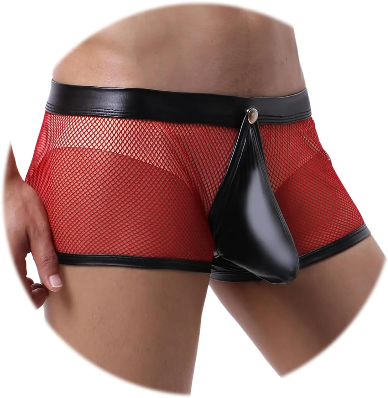 Evankin Men's See Through Sexy Mesh With Faux Leather Loose Shorts Pants Erotic Clubwear Button Removable Pouch