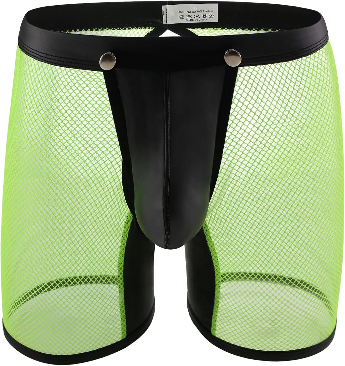 Evankin Men's See Through Sexy Mesh With Faux Leather Loose Shorts Pants Erotic Clubwear Button Removable Pouch