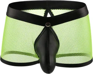 Evankin Men's See Through Sexy Mesh With Faux Leather Loose Shorts Pants Erotic Clubwear Button Removable Pouch