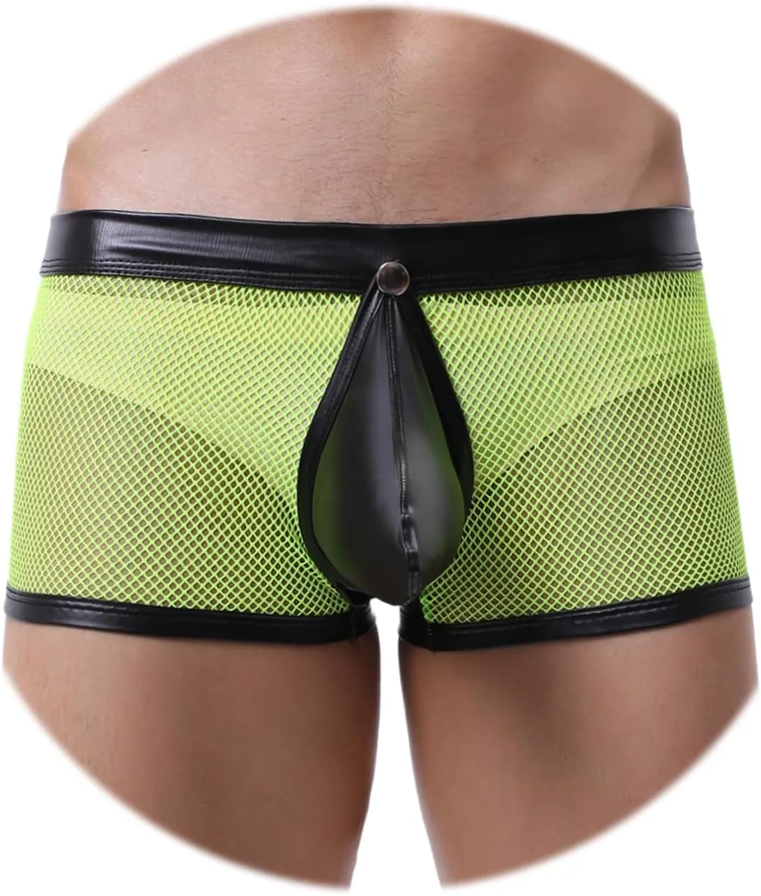 Evankin Men's See Through Sexy Mesh With Faux Leather Loose Shorts Pants Erotic Clubwear Button Removable Pouch