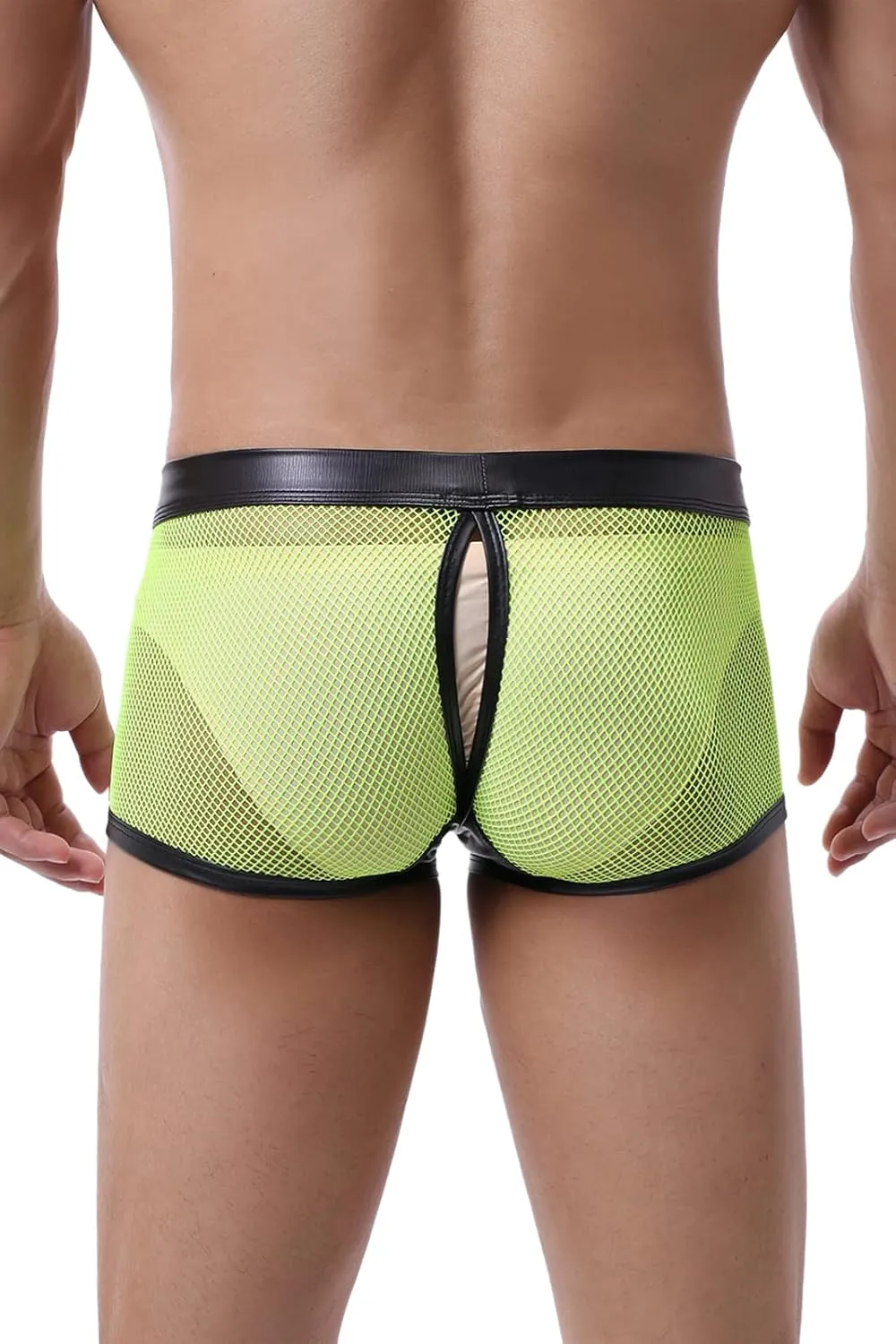 Evankin Men's See Through Sexy Mesh With Faux Leather Loose Shorts Pants Erotic Clubwear Button Removable Pouch