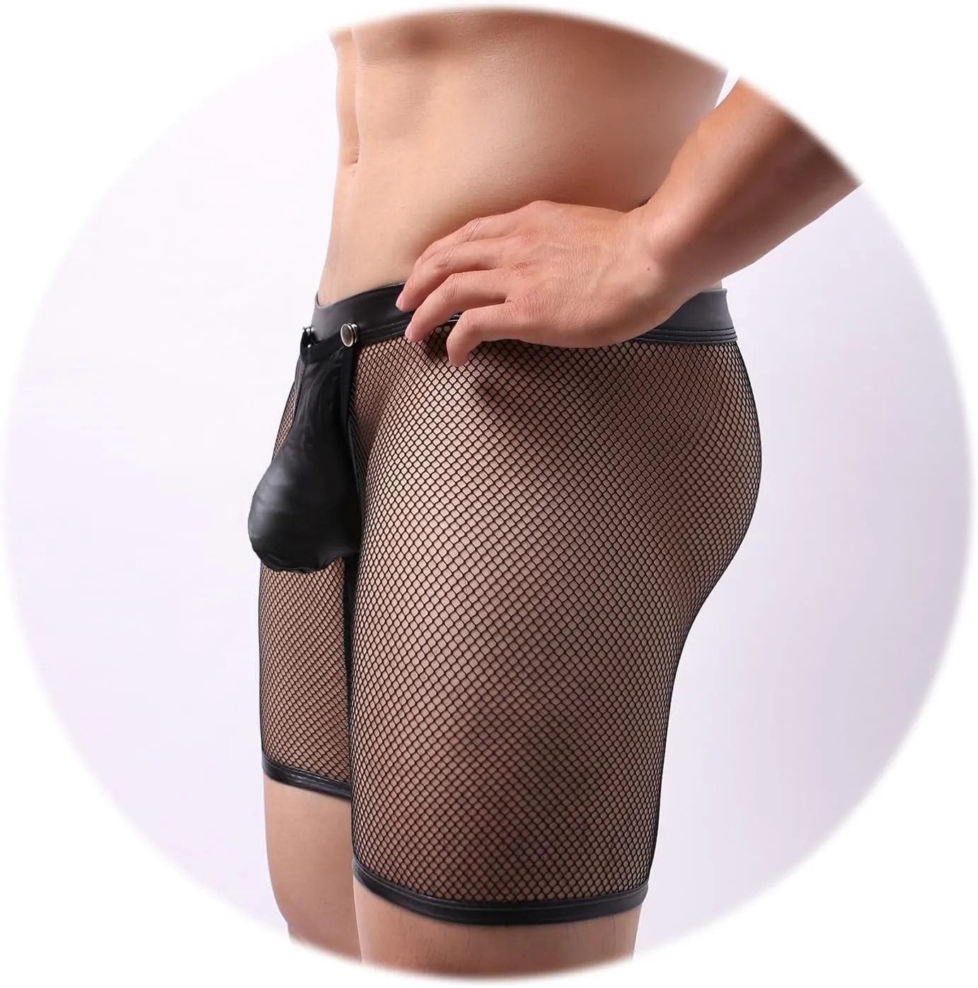 Evankin Men's See Through Sexy Mesh With Faux Leather Loose Shorts Pants Erotic Clubwear Button Removable Pouch