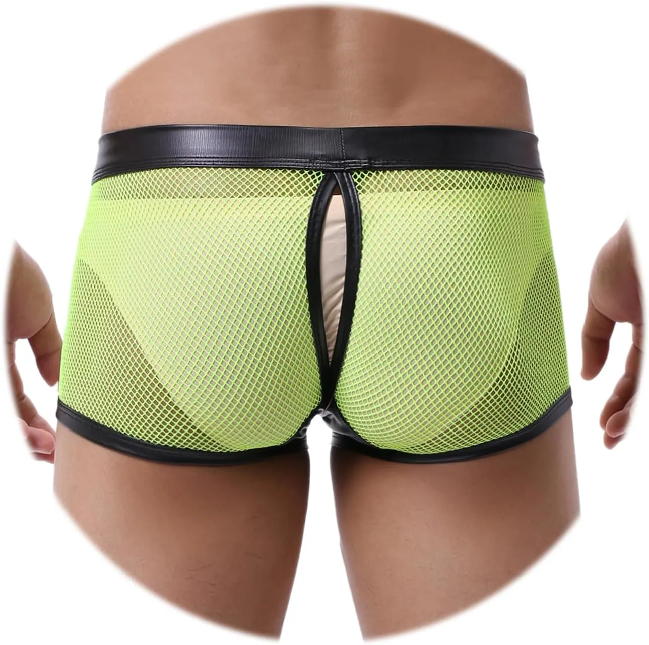 Evankin Men's See Through Sexy Mesh With Faux Leather Loose Shorts Pants Erotic Clubwear Button Removable Pouch