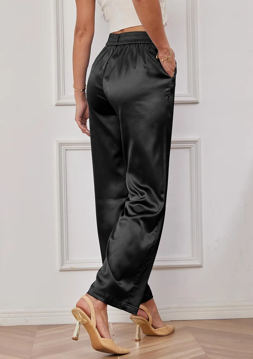Fakanhui Wide Leg Pants for Women Work Party Wedding Casual Slacks Satin Nightout Pant Trouser