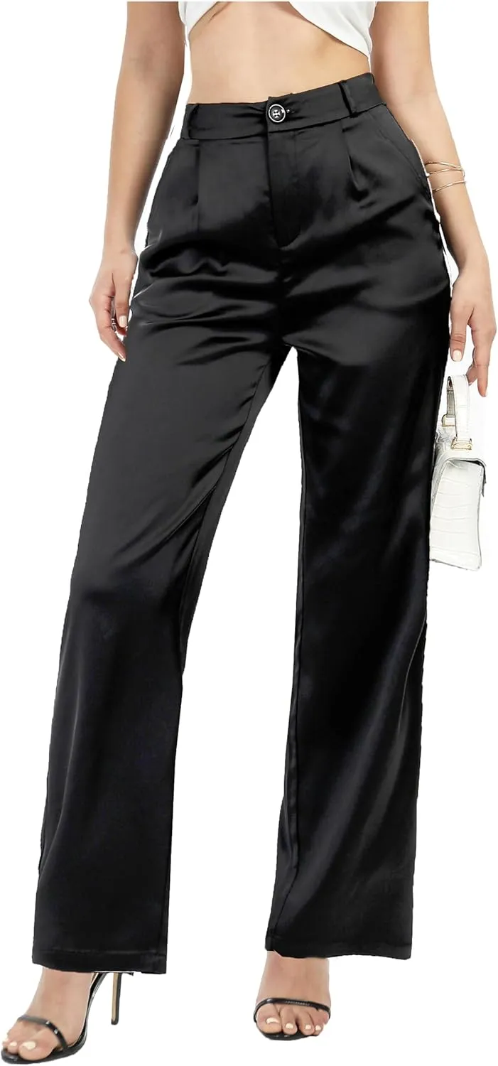 Fakanhui Wide Leg Pants for Women Work Party Wedding Casual Slacks Satin Nightout Pant Trouser