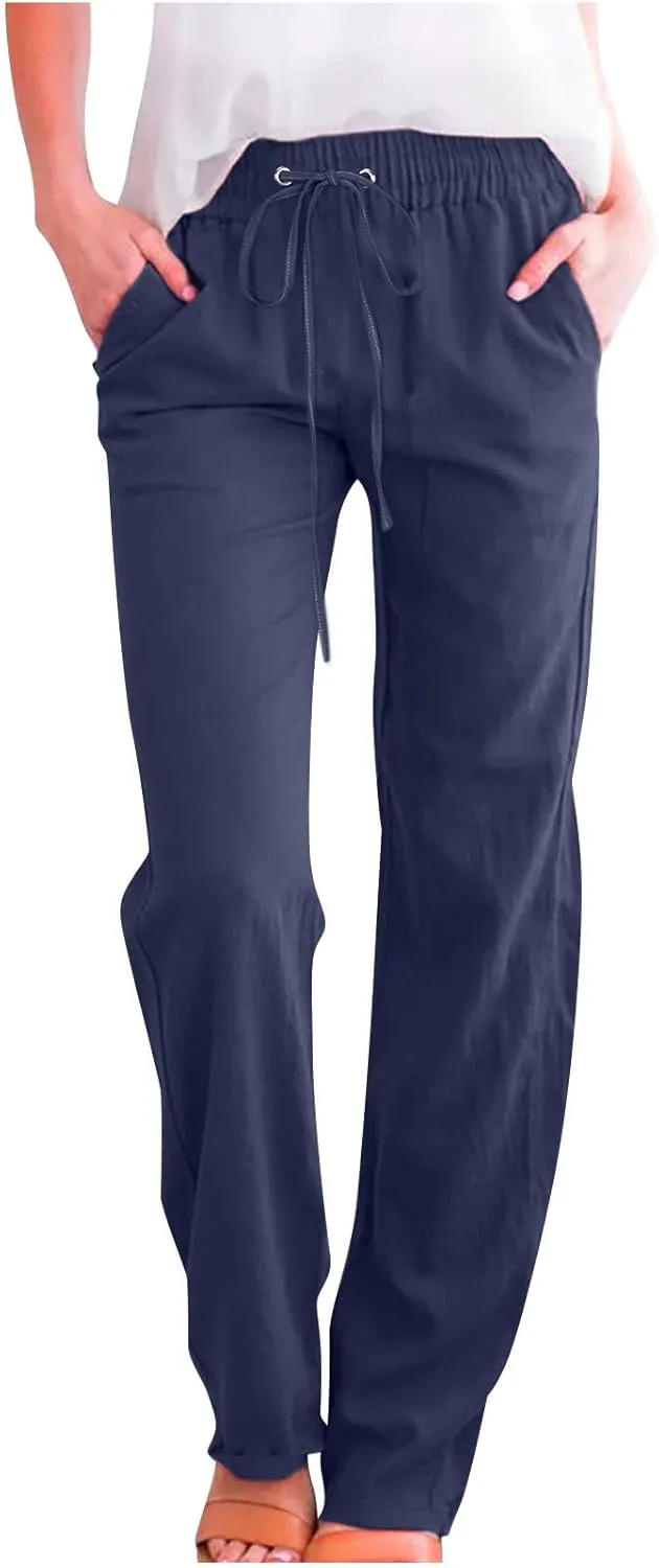 fartey Linen Pants Women Summer Casual Straight Leg Pants Drawstring Elastic High Waist Loose Comfy Trousers with Pockets