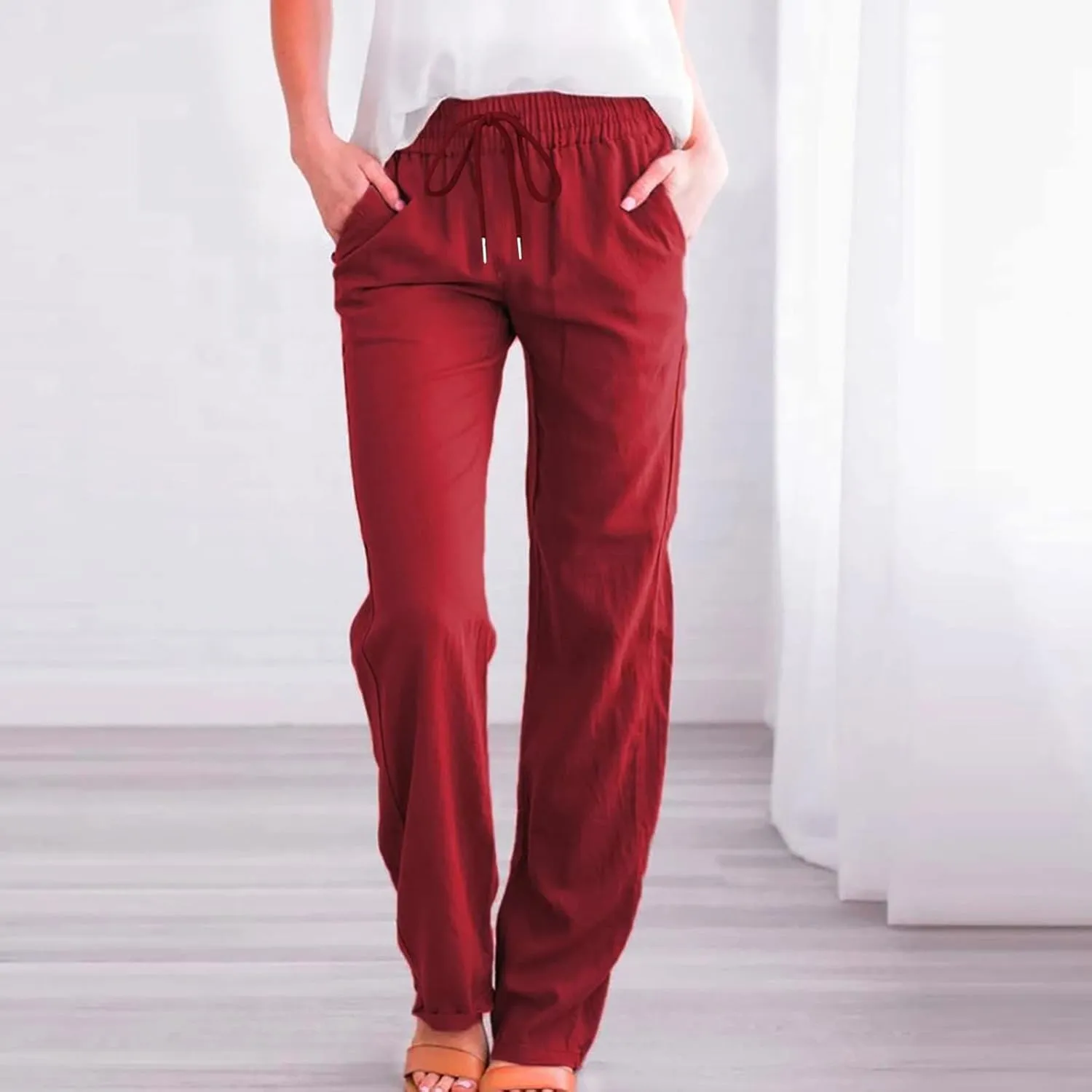 fartey Linen Pants Women Summer Casual Straight Leg Pants Drawstring Elastic High Waist Loose Comfy Trousers with Pockets