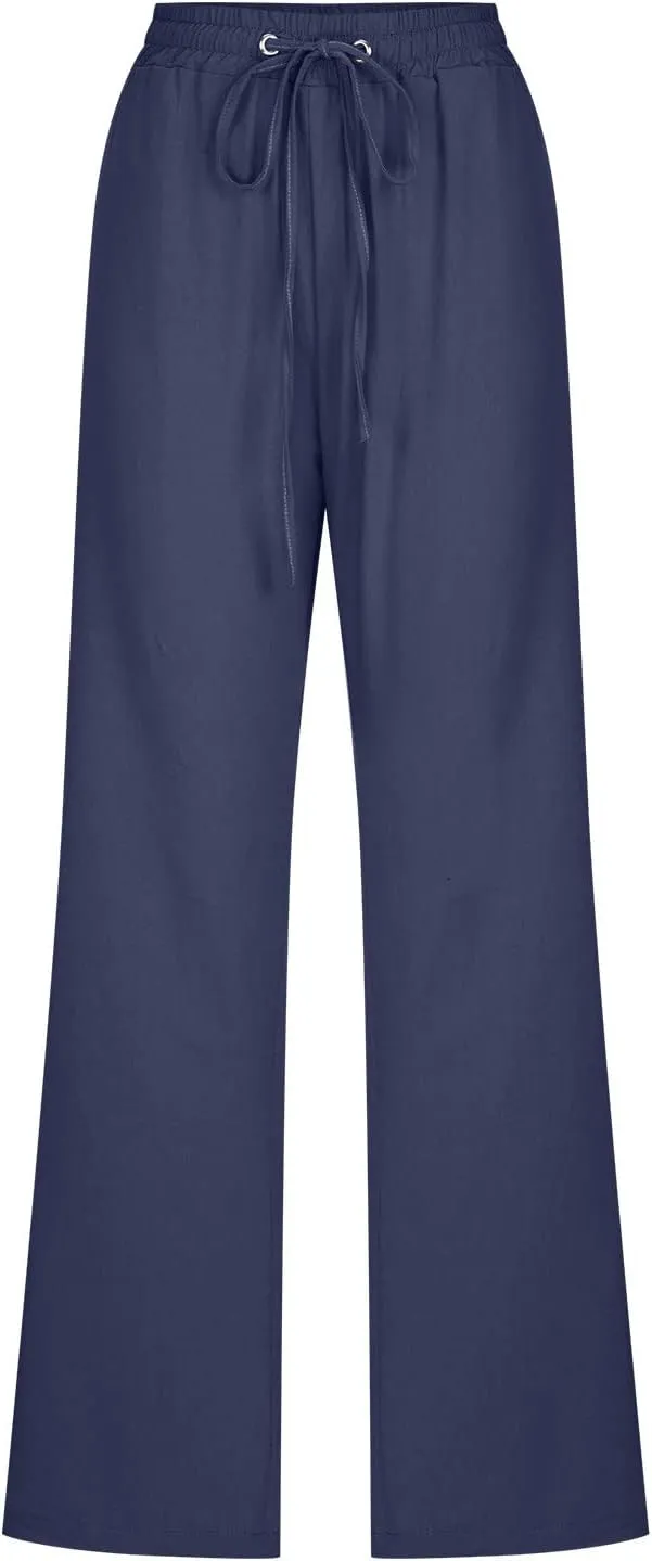 fartey Linen Pants Women Summer Casual Straight Leg Pants Drawstring Elastic High Waist Loose Comfy Trousers with Pockets