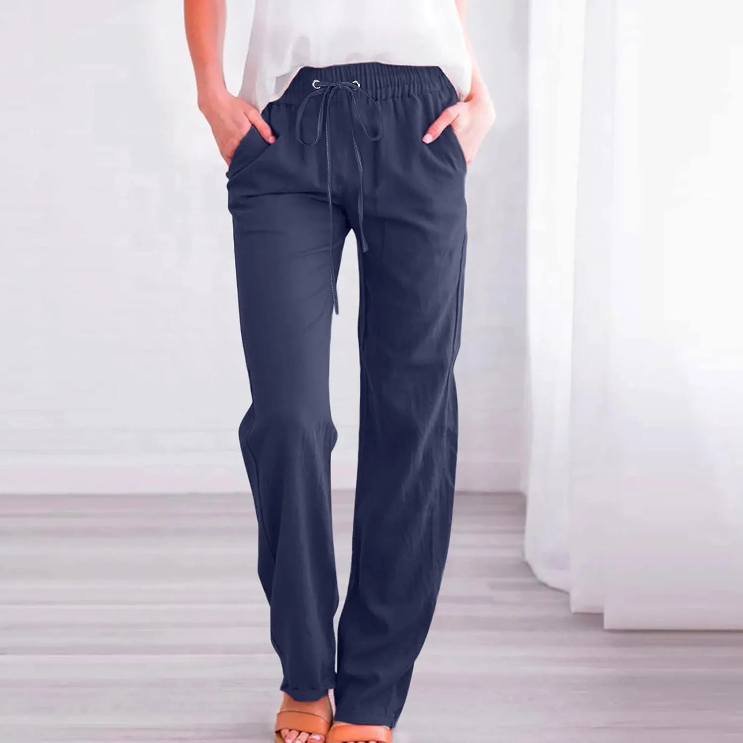 fartey Linen Pants Women Summer Casual Straight Leg Pants Drawstring Elastic High Waist Loose Comfy Trousers with Pockets