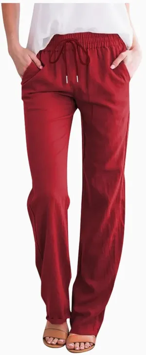 fartey Linen Pants Women Summer Casual Straight Leg Pants Drawstring Elastic High Waist Loose Comfy Trousers with Pockets