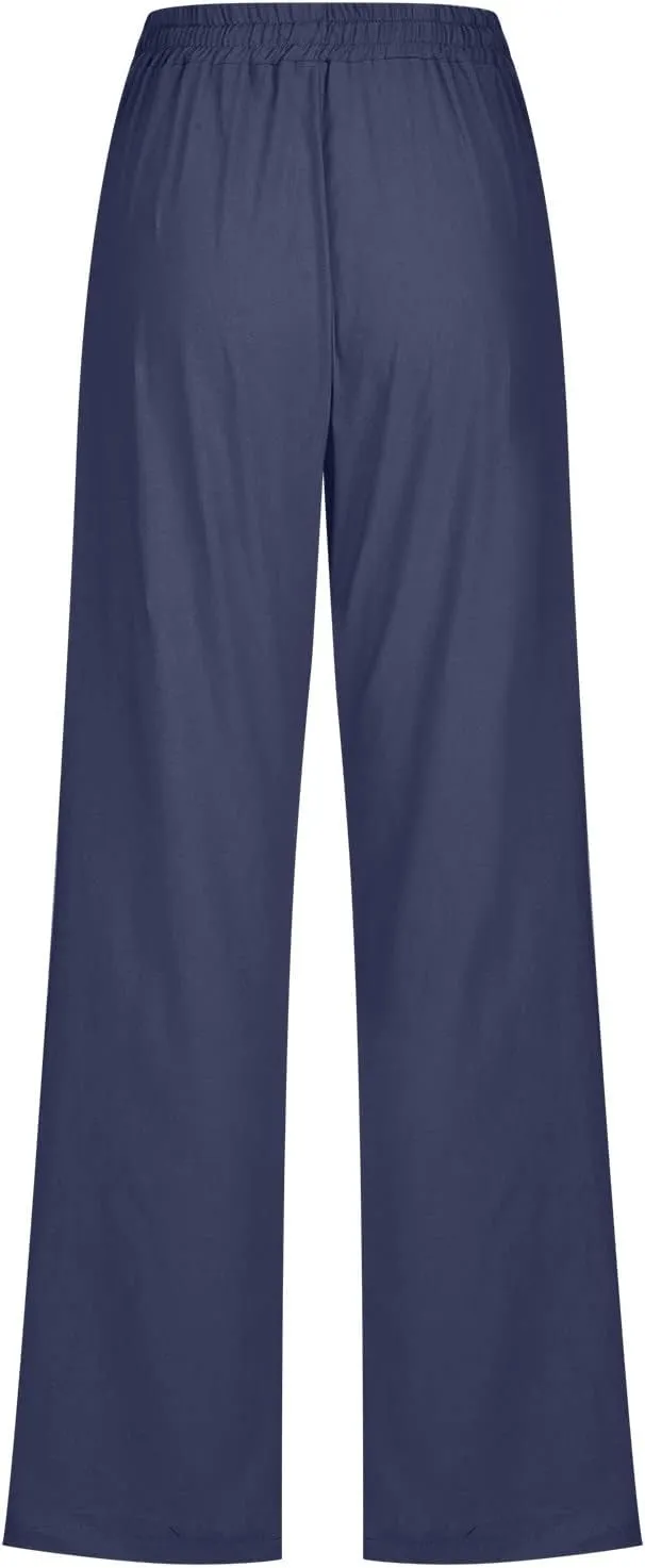 fartey Linen Pants Women Summer Casual Straight Leg Pants Drawstring Elastic High Waist Loose Comfy Trousers with Pockets