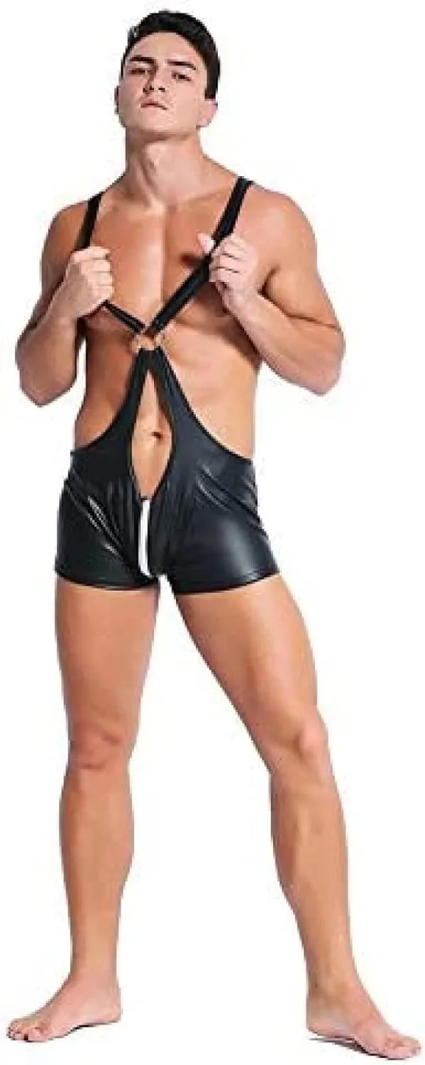 Faux Leather Bodysuit Men's Wrestling Singlet Open Crotch Backless Boxer Briefs Sexy Wetlook Catsuit,Black,Medium