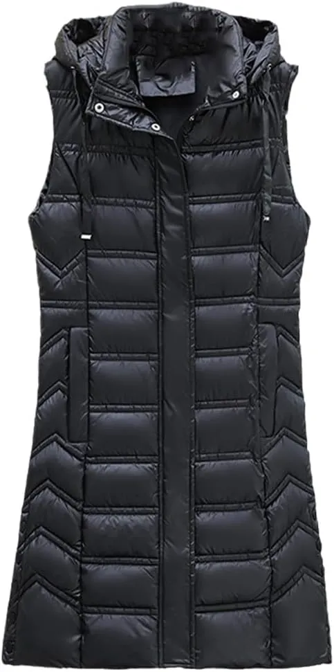 Fjnbbiot Winter Long Sleeveless Vest For Women Removable Hooded Coat Cotton Padded Puffer Jacket Loose Outwear