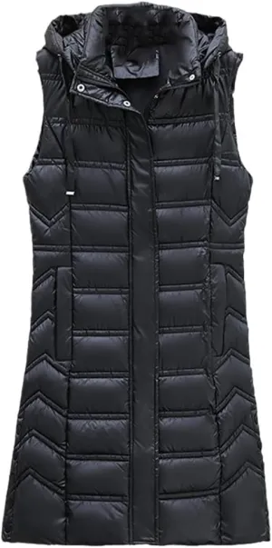 Fjnbbiot Winter Long Sleeveless Vest For Women Removable Hooded Coat Cotton Padded Puffer Jacket Loose Outwear