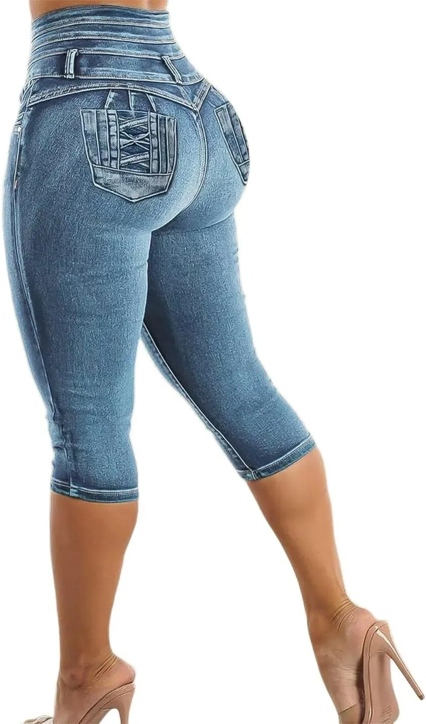 Flamingals Blue Skinny Jeans for Women Stretchy Mid Waist Butt Lifting Trendy Denim Capris