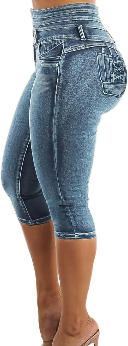 Flamingals Blue Skinny Jeans for Women Stretchy Mid Waist Butt Lifting Trendy Denim Capris