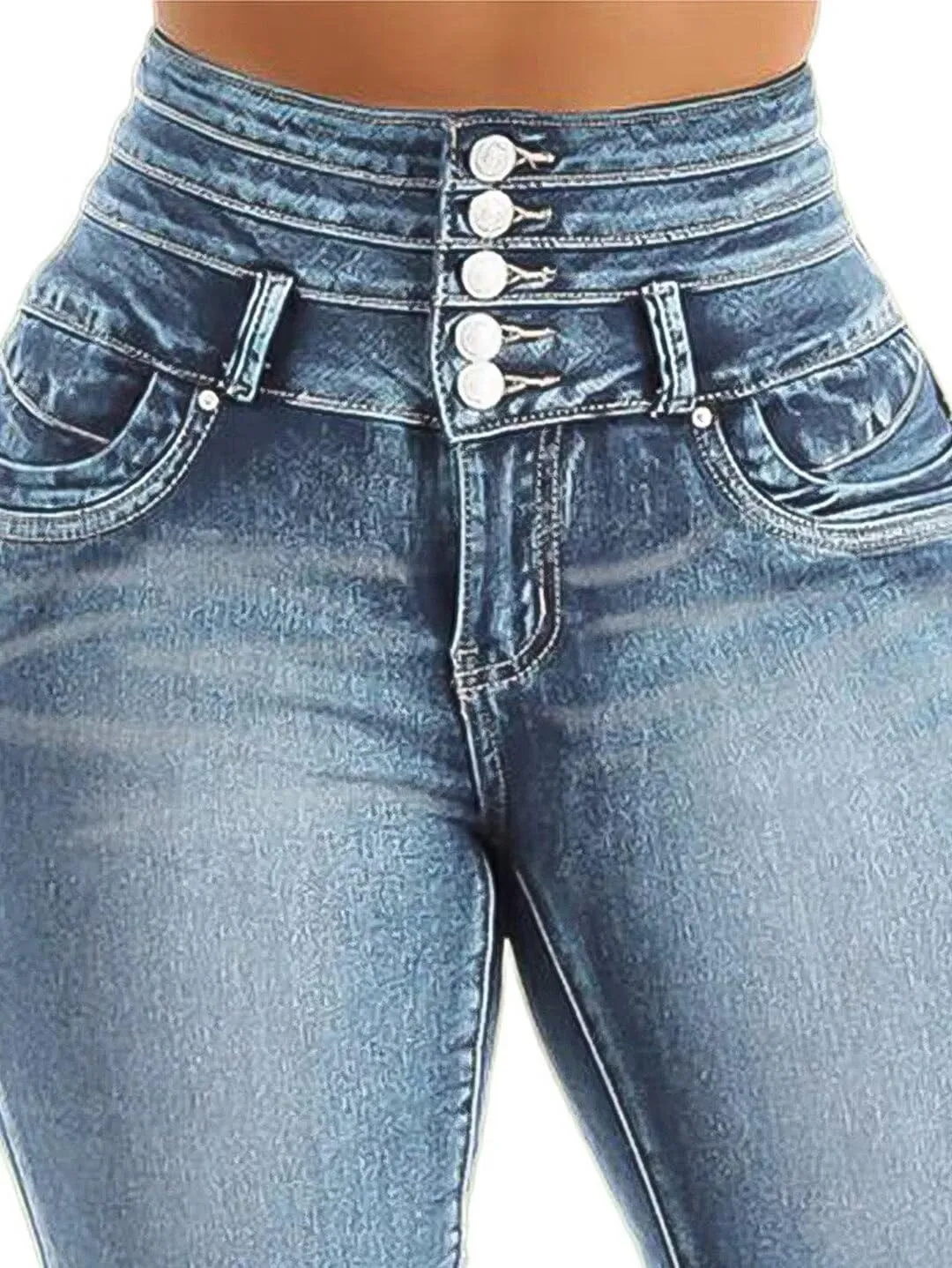 Flamingals Blue Skinny Jeans for Women Stretchy Mid Waist Butt Lifting Trendy Denim Capris