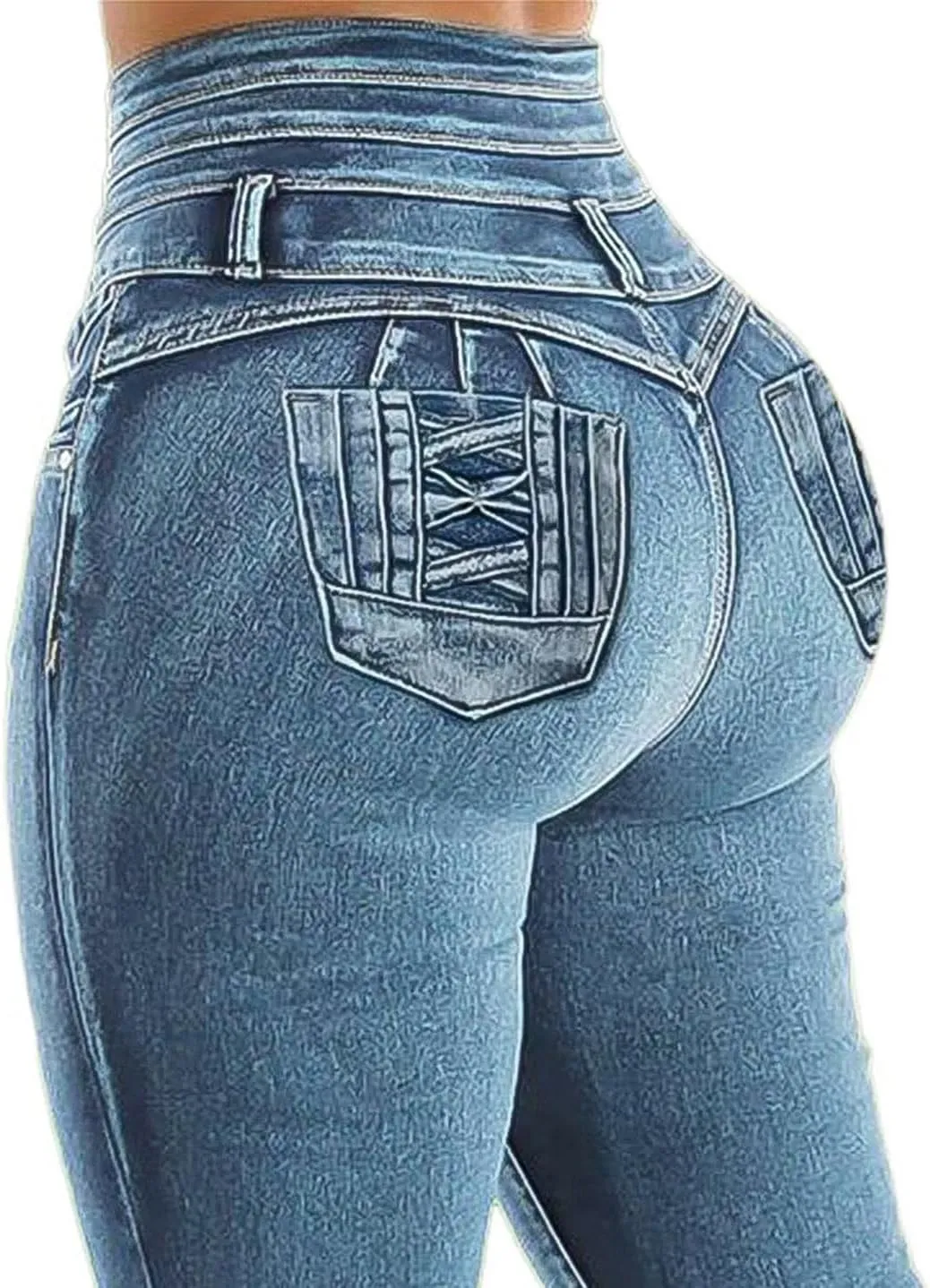Flamingals Blue Skinny Jeans for Women Stretchy Mid Waist Butt Lifting Trendy Denim Capris