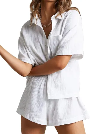 Flygo Womens Casual 2 Piece Outfits Cotton Linen Sets Button Down Shirt Shorts Resort Wear 2025 Pajama Beach Coverup Set