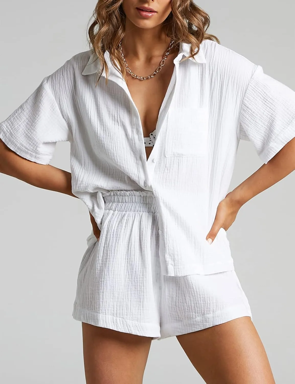 Flygo Womens Casual 2 Piece Outfits Cotton Linen Sets Button Down Shirt Shorts Resort Wear 2025 Pajama Beach Coverup Set