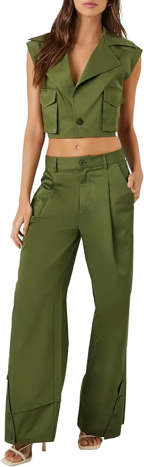 Forever 21 womens Button-hem Wide-leg Pants