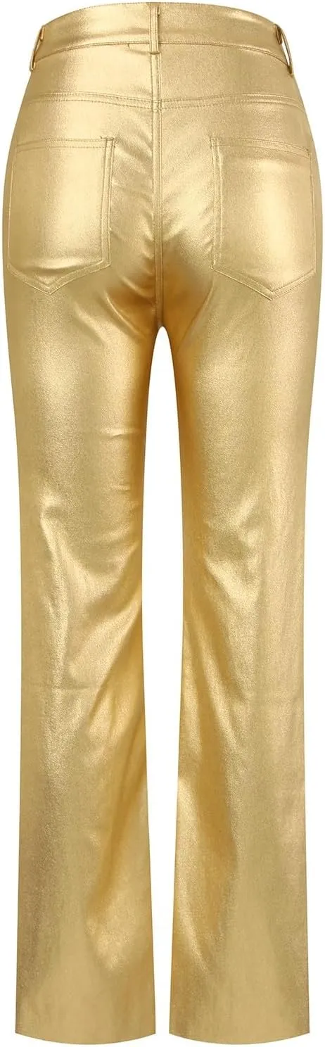 FZVYD Women's Shiny Metallic Straight Leg Faux Leather Pants High Waist Satin Cargo Pants 2024 Y2K Punk Trousers with Pockets