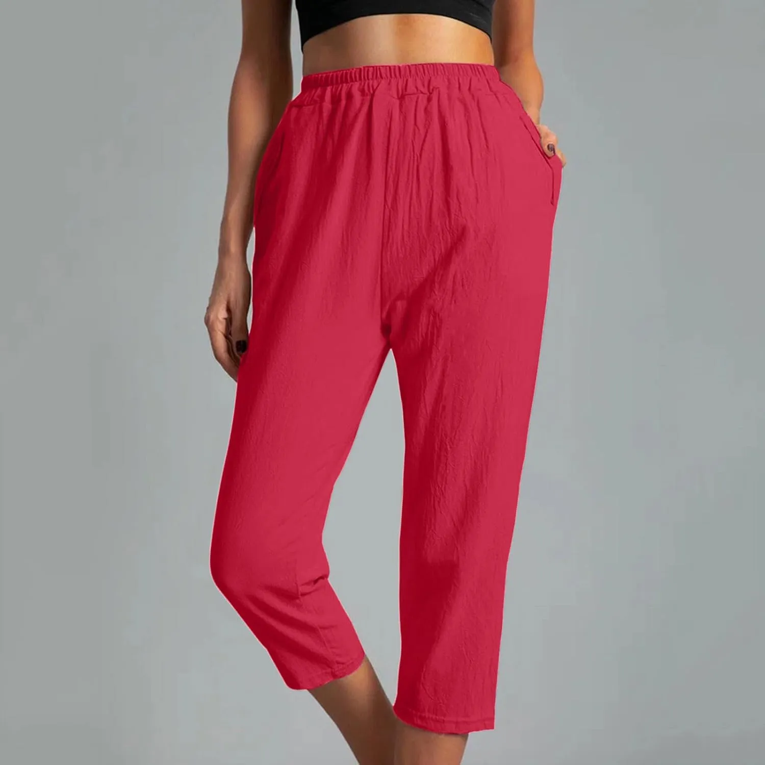 FZYLQY Womens High Waist Elastic Waist Pants Cotton Linen Summer Pants Ankle Length Comfy Trousers Boho Travel Clothes