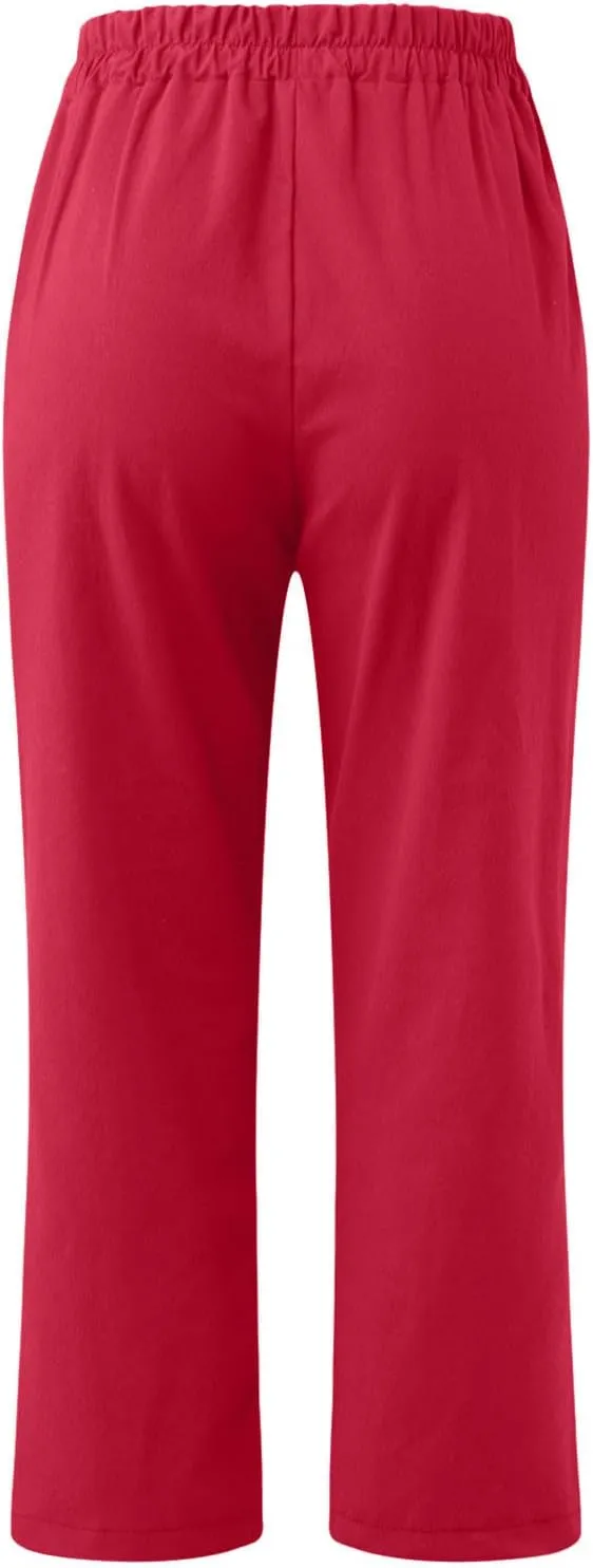 FZYLQY Womens High Waist Elastic Waist Pants Cotton Linen Summer Pants Ankle Length Comfy Trousers Boho Travel Clothes