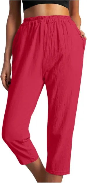 FZYLQY Womens High Waist Elastic Waist Pants Cotton Linen Summer Pants Ankle Length Comfy Trousers Boho Travel Clothes