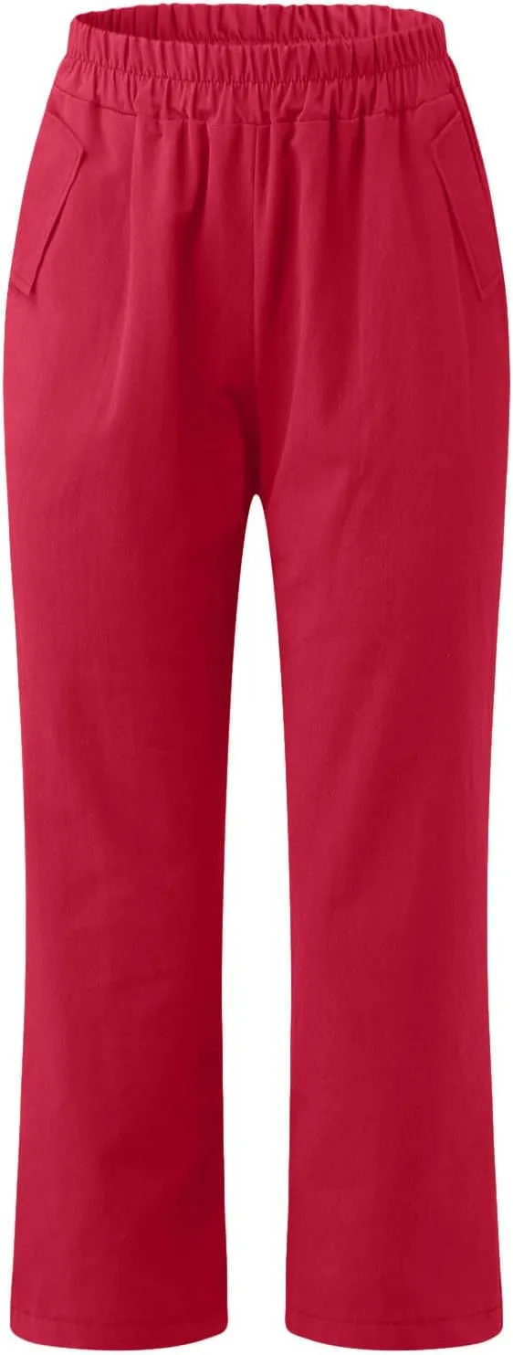 FZYLQY Womens High Waist Elastic Waist Pants Cotton Linen Summer Pants Ankle Length Comfy Trousers Boho Travel Clothes