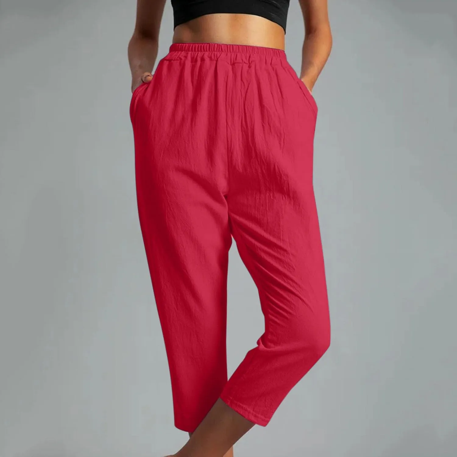 FZYLQY Womens High Waist Elastic Waist Pants Cotton Linen Summer Pants Ankle Length Comfy Trousers Boho Travel Clothes
