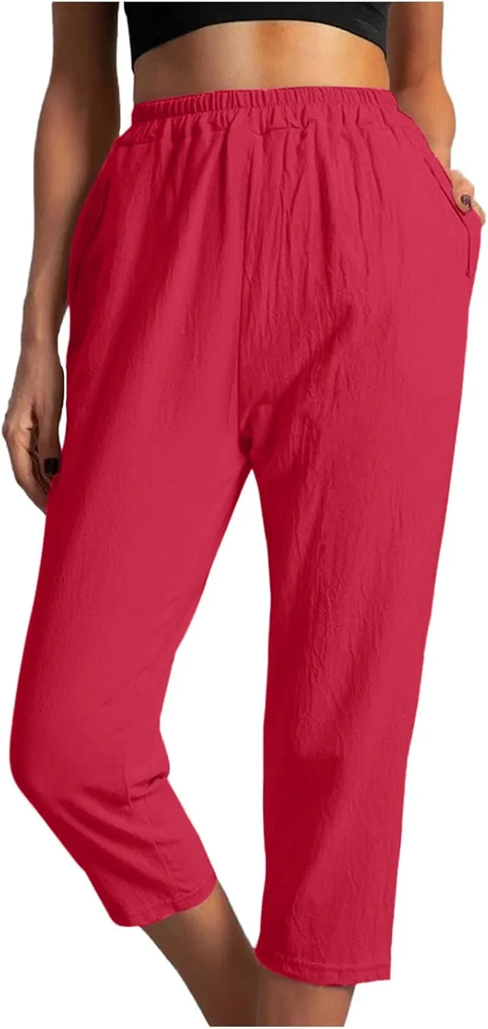 FZYLQY Womens High Waist Elastic Waist Pants Cotton Linen Summer Pants Ankle Length Comfy Trousers Boho Travel Clothes