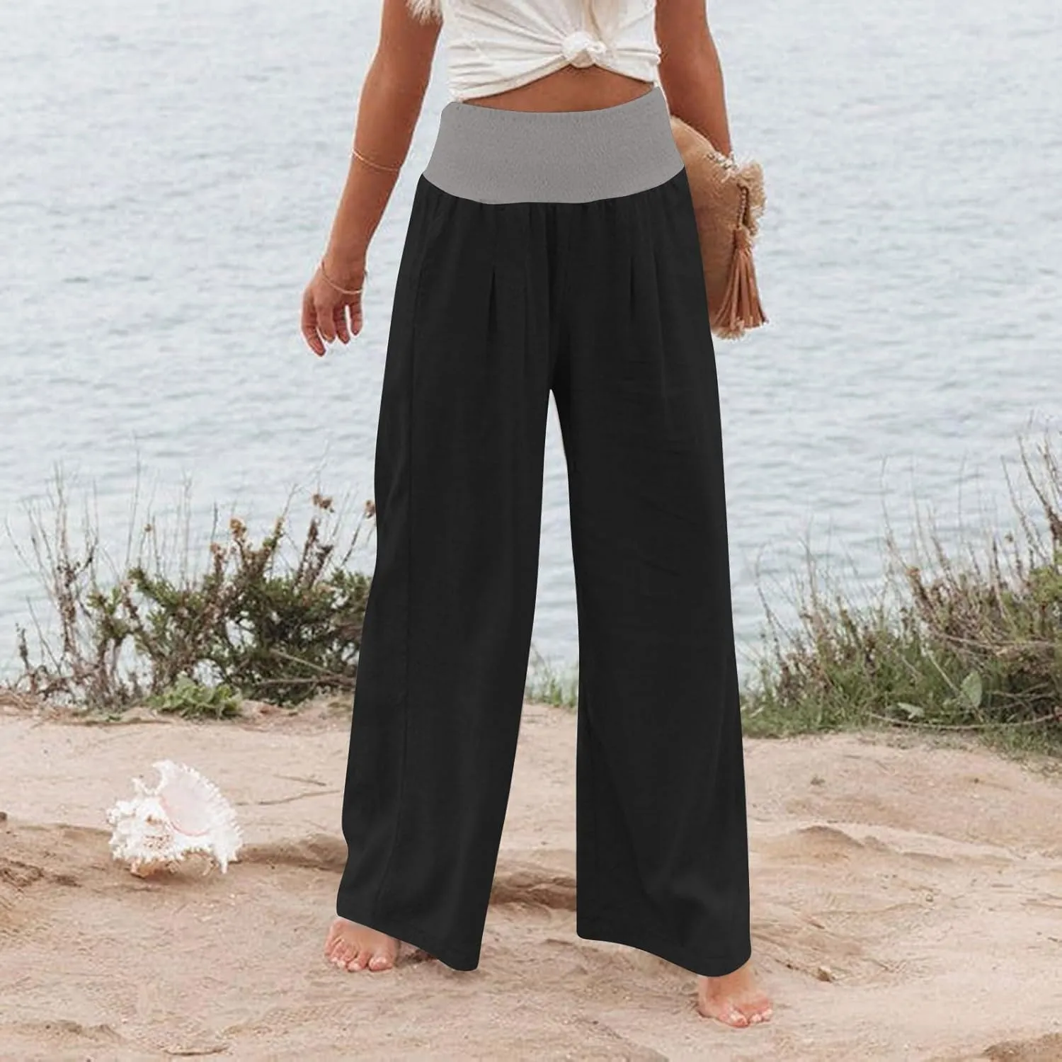 FZYLQY Womens Linen Pants 2025 Summer Loose Fit Comfy Casual Pants Colorblock Smocked Waist Beach Trouser Pants with Pockets