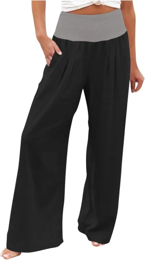 FZYLQY Womens Linen Pants 2025 Summer Loose Fit Comfy Casual Pants Colorblock Smocked Waist Beach Trouser Pants with Pockets