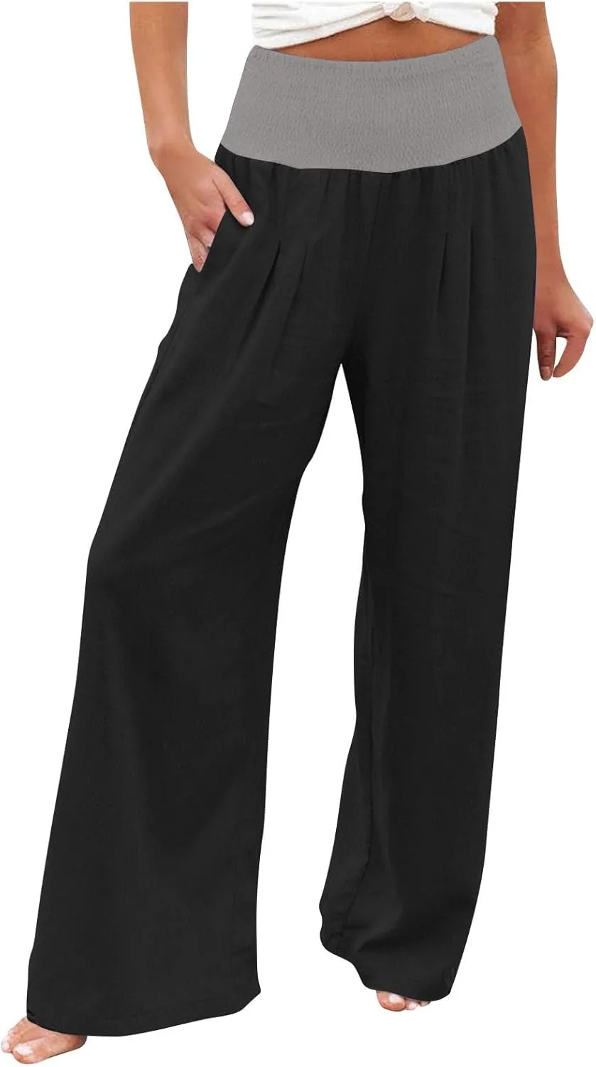 FZYLQY Womens Linen Pants 2025 Summer Loose Fit Comfy Casual Pants Colorblock Smocked Waist Beach Trouser Pants with Pockets