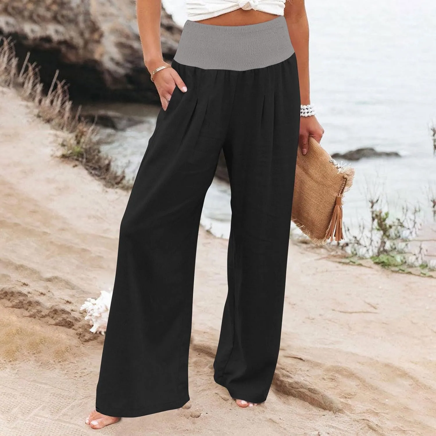 FZYLQY Womens Linen Pants 2025 Summer Loose Fit Comfy Casual Pants Colorblock Smocked Waist Beach Trouser Pants with Pockets