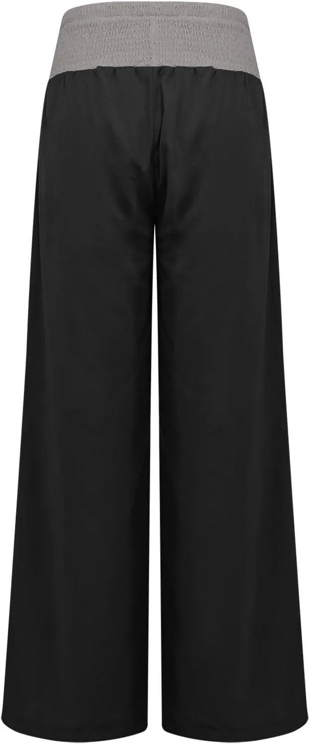 FZYLQY Womens Linen Pants 2025 Summer Loose Fit Comfy Casual Pants Colorblock Smocked Waist Beach Trouser Pants with Pockets