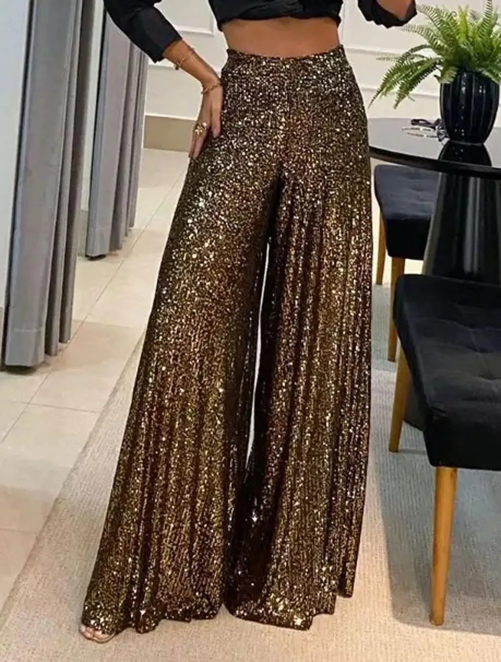 GGUHHU Womens Shiny Sequin Wide Leg Pants High Waist Pleated Long Palazzo Trousers