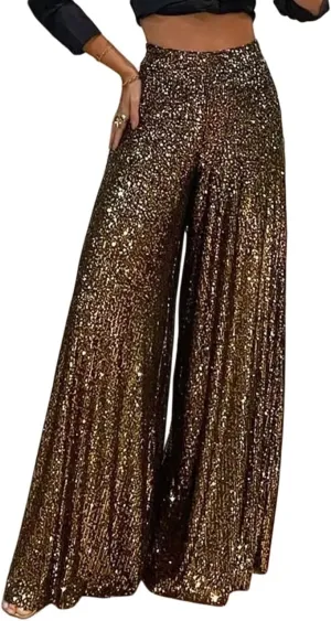 GGUHHU Womens Shiny Sequin Wide Leg Pants High Waist Pleated Long Palazzo Trousers