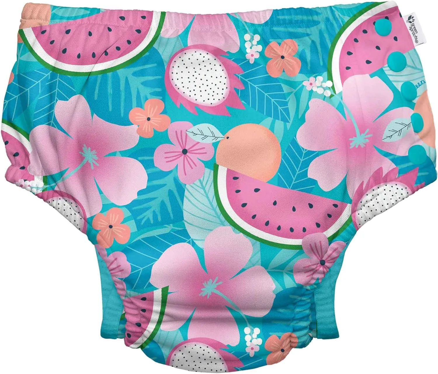 green sprouts Snap Reusable Absorbent Swimsuit Diaper, Aqua Tropical Fruit Floral, 18 Months