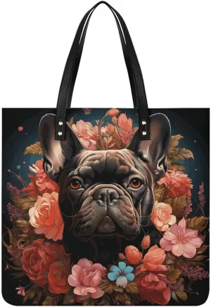 Handbags for WomenBulldog And FlowersTrendy Vegan Leather Hobo Handbags,Women's Soft Bucket Bag For Women - Ladies Handbags For Work, Travel, Casual Use,Birthday Gifts