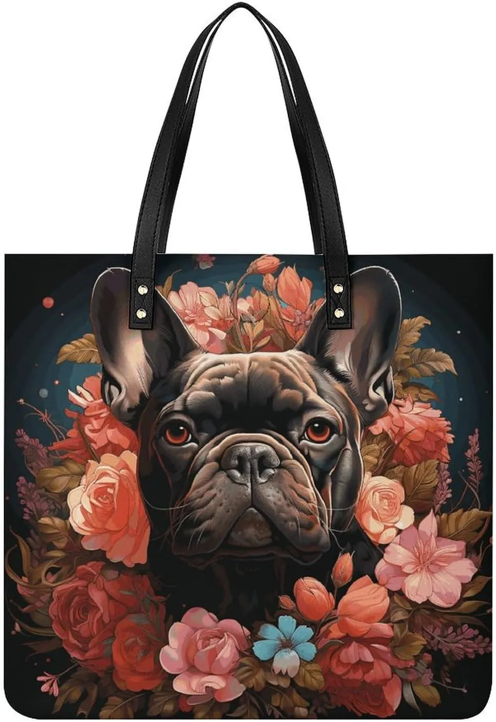 Handbags for WomenBulldog And FlowersTrendy Vegan Leather Hobo Handbags,Women's Soft Bucket Bag For Women - Ladies Handbags For Work, Travel, Casual Use,Birthday Gifts