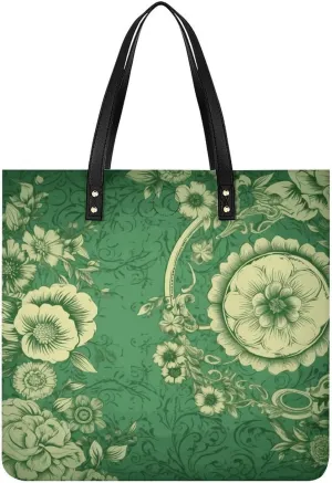 Handbags for WomenGreen Vintage FloralTrendy Vegan Leather Hobo Handbags,Women's Soft Bucket Bag For Women - Ladies Handbags For Work, Travel, Casual Use,Birthday Gifts