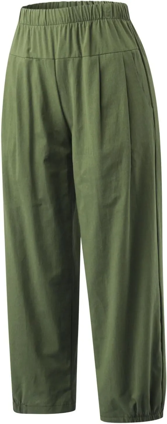 Harem Pants for Women Cotton Linen Capri Pants Summer Casual High Waist Plus Size Bohemian Yoga Lounge Beach Pants