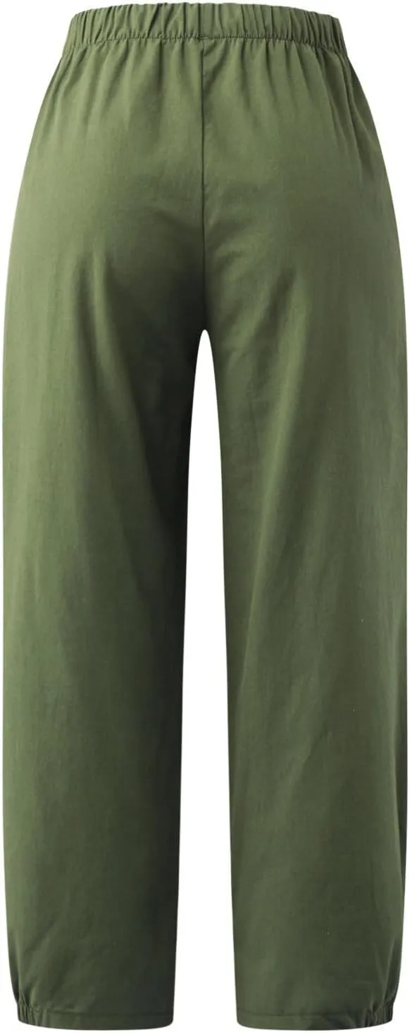 Harem Pants for Women Cotton Linen Capri Pants Summer Casual High Waist Plus Size Bohemian Yoga Lounge Beach Pants