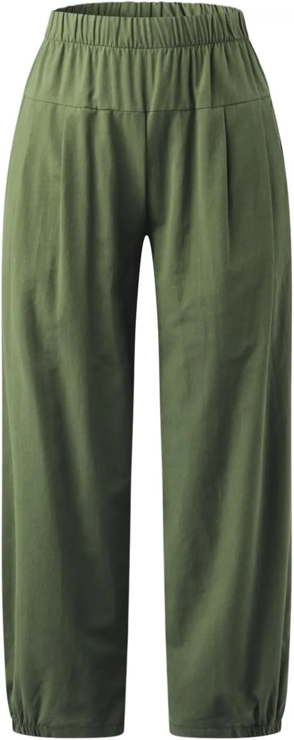 Harem Pants for Women Cotton Linen Capri Pants Summer Casual High Waist Plus Size Bohemian Yoga Lounge Beach Pants