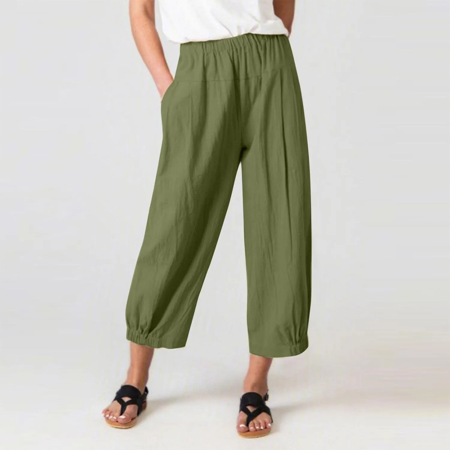 Harem Pants for Women Cotton Linen Capri Pants Summer Casual High Waist Plus Size Bohemian Yoga Lounge Beach Pants